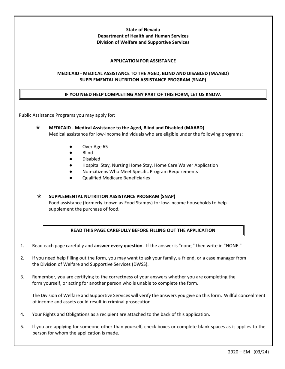 Form 2920-EM Application for Assistance - Supplemental Nutrition Assistance Program (Snap) - Nevada, Page 1