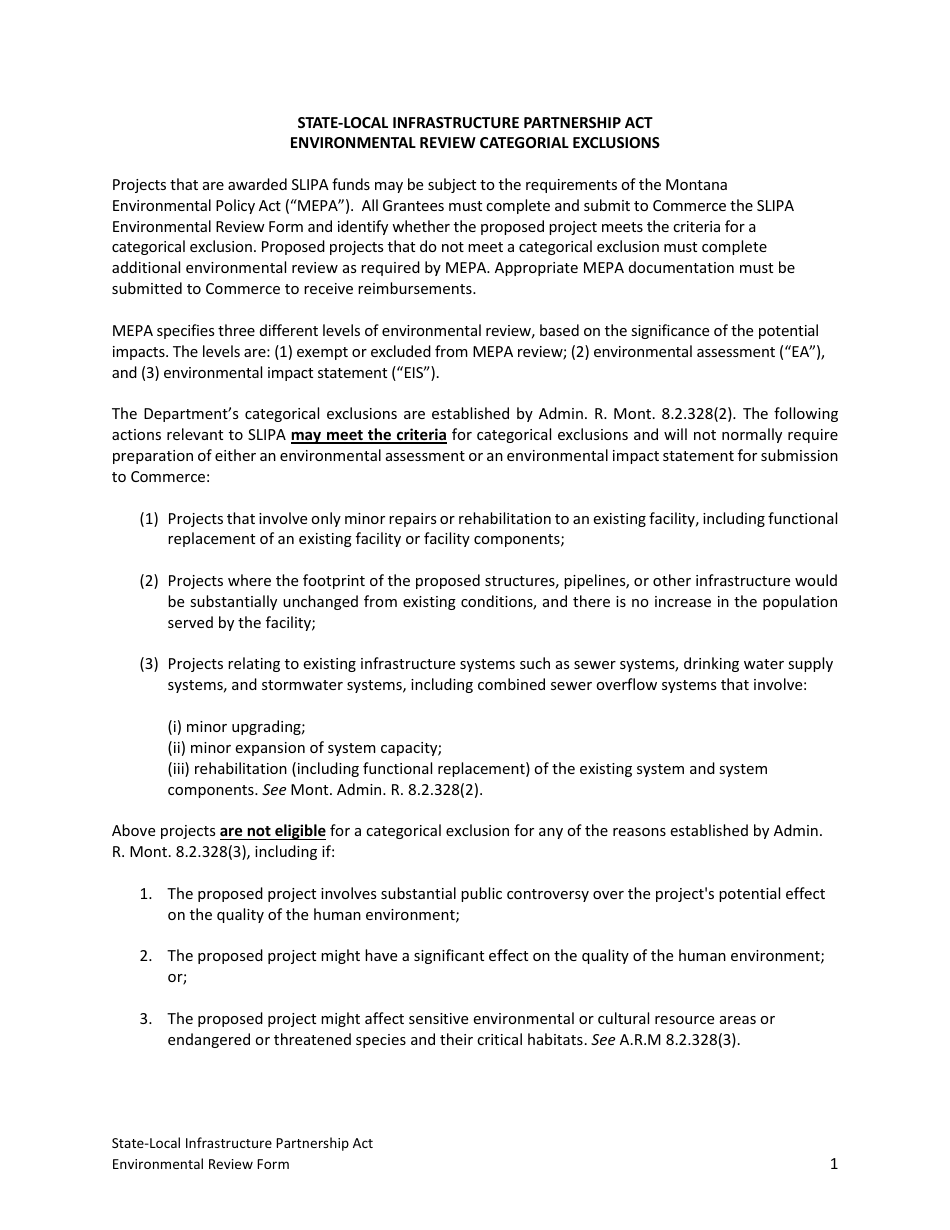State-Local Infrastructure Partnership Act Environmental Review Form - Montana, Page 1