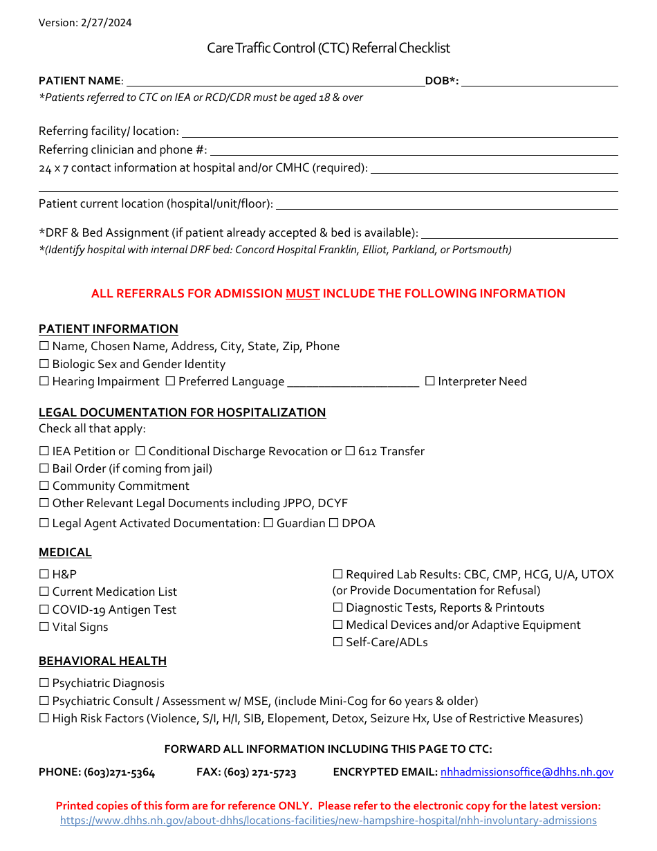 New Hampshire Care Traffic Control (Ctc) Referral Checklist - Fill Out ...