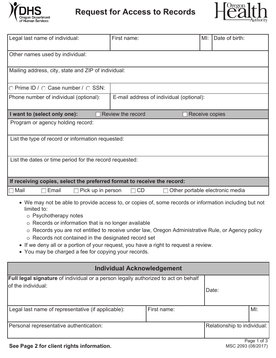 Form MSC2093 Request for Access to Records - Oregon, Page 1