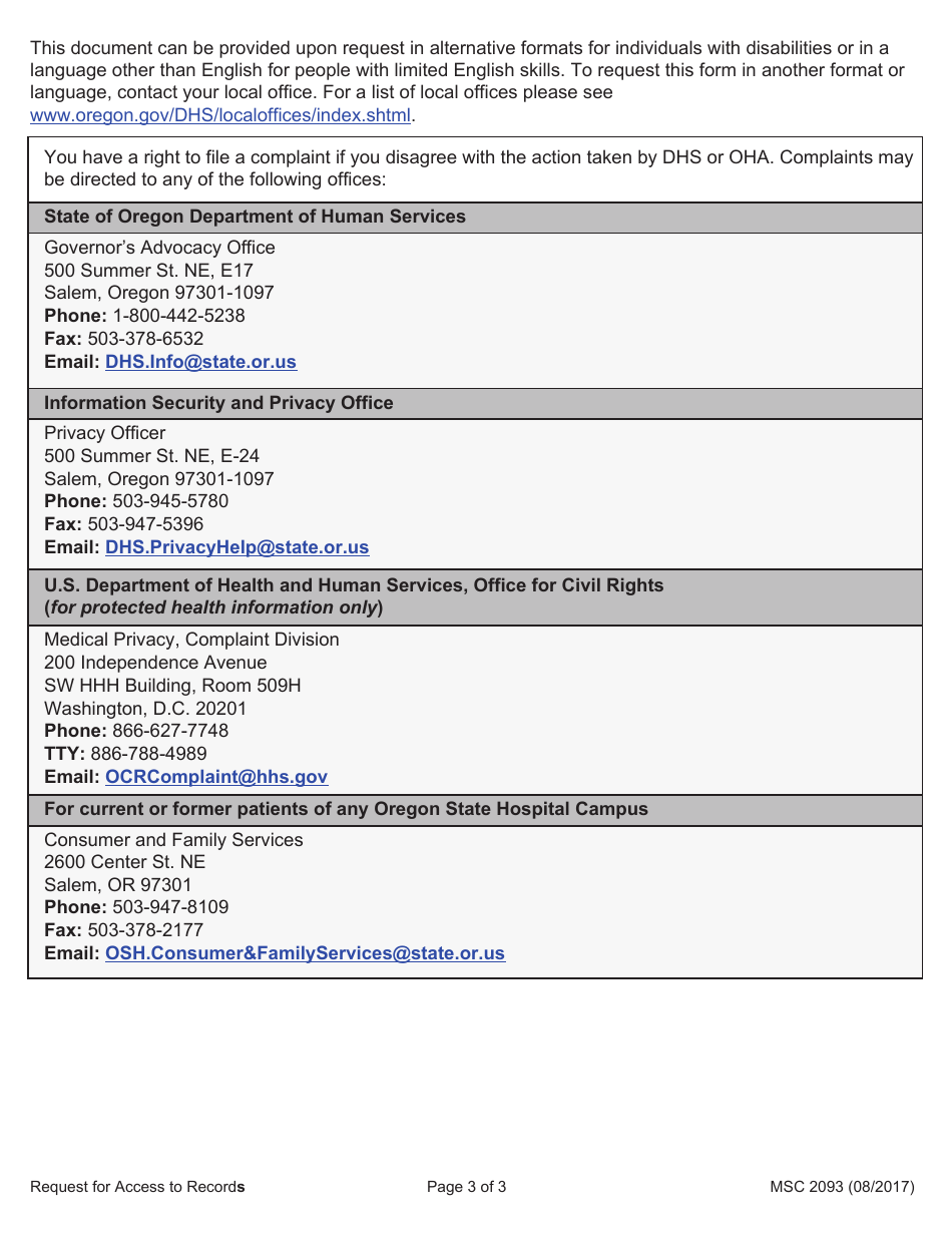 Form MSC2093 Request for Access to Records - Oregon, Page 3