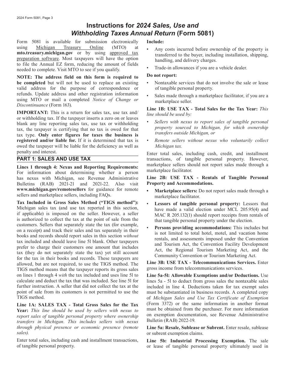 Form 5081 Sales, Use and Withholding Taxes Annual Return - Michigan, Page 3