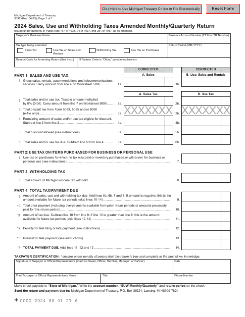 Form 5092 Sales, Use and Withholding Taxes Amended Monthly/Quarterly Return - Michigan, 2024