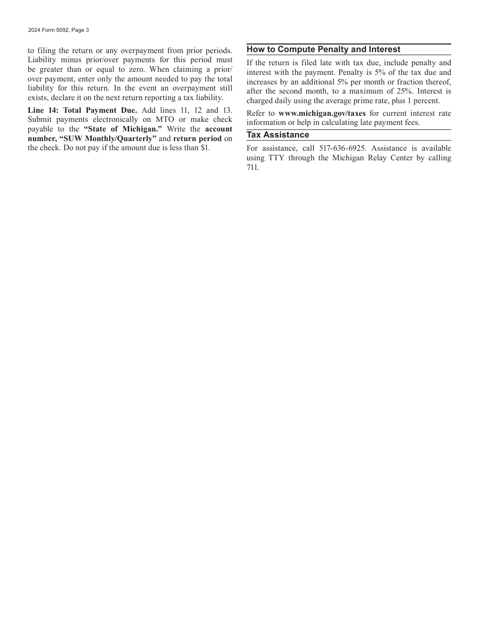 Form 5092 Sales, Use and Withholding Taxes Amended Monthly / Quarterly Return - Michigan, Page 3