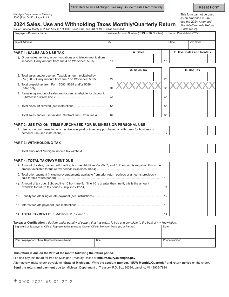 Form 5080 Sales, Use and Withholding Taxes Monthly / Quarterly Return - Michigan, Page 1
