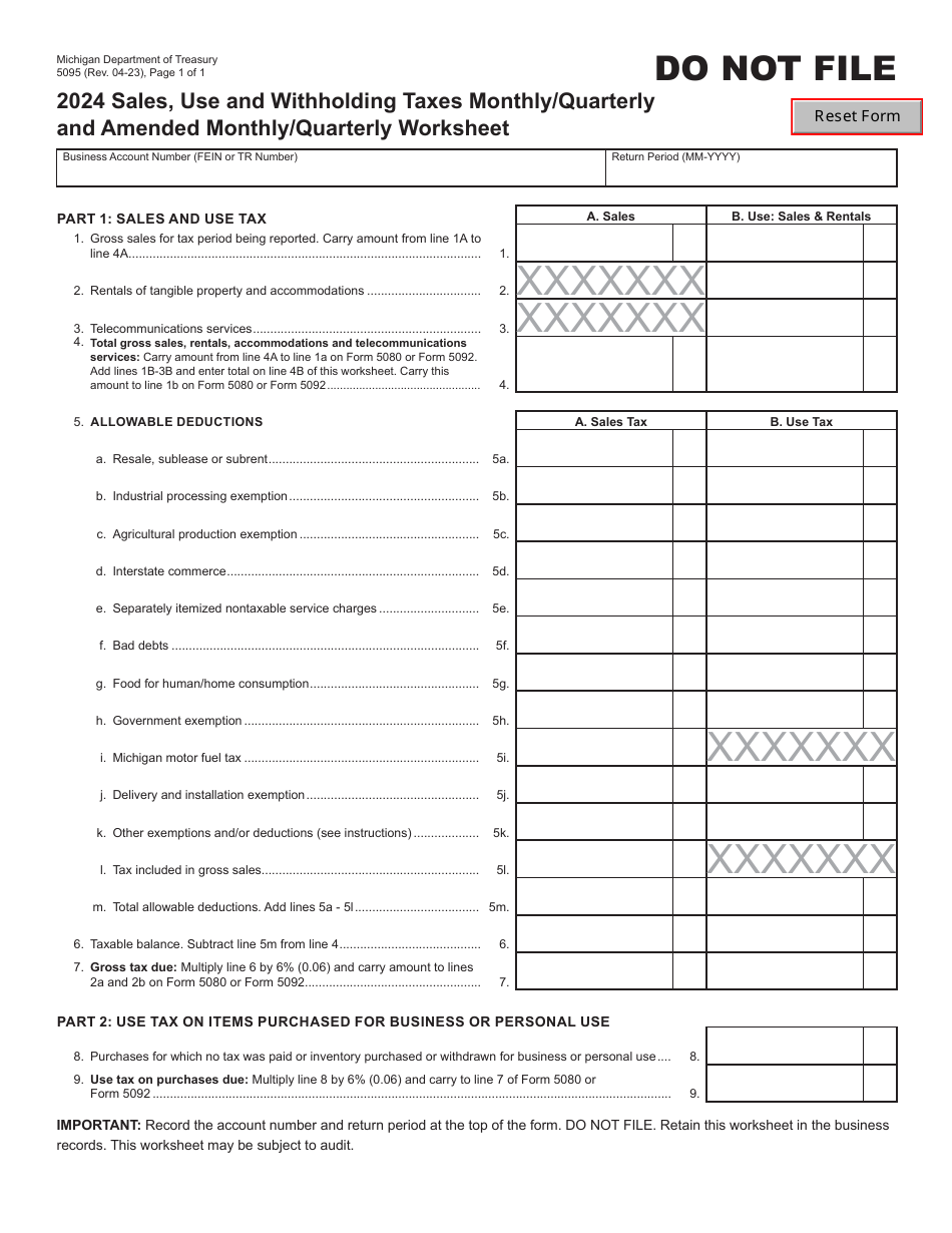 Form 5095 Sales, Use and Withholding Taxes Monthly / Quarterly and Amended Monthly / Quarterly Worksheet - Michigan, Page 1