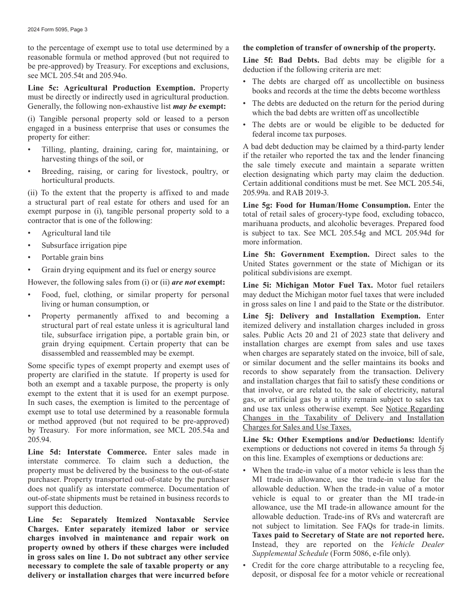Form 5095 Sales, Use and Withholding Taxes Monthly / Quarterly and Amended Monthly / Quarterly Worksheet - Michigan, Page 3