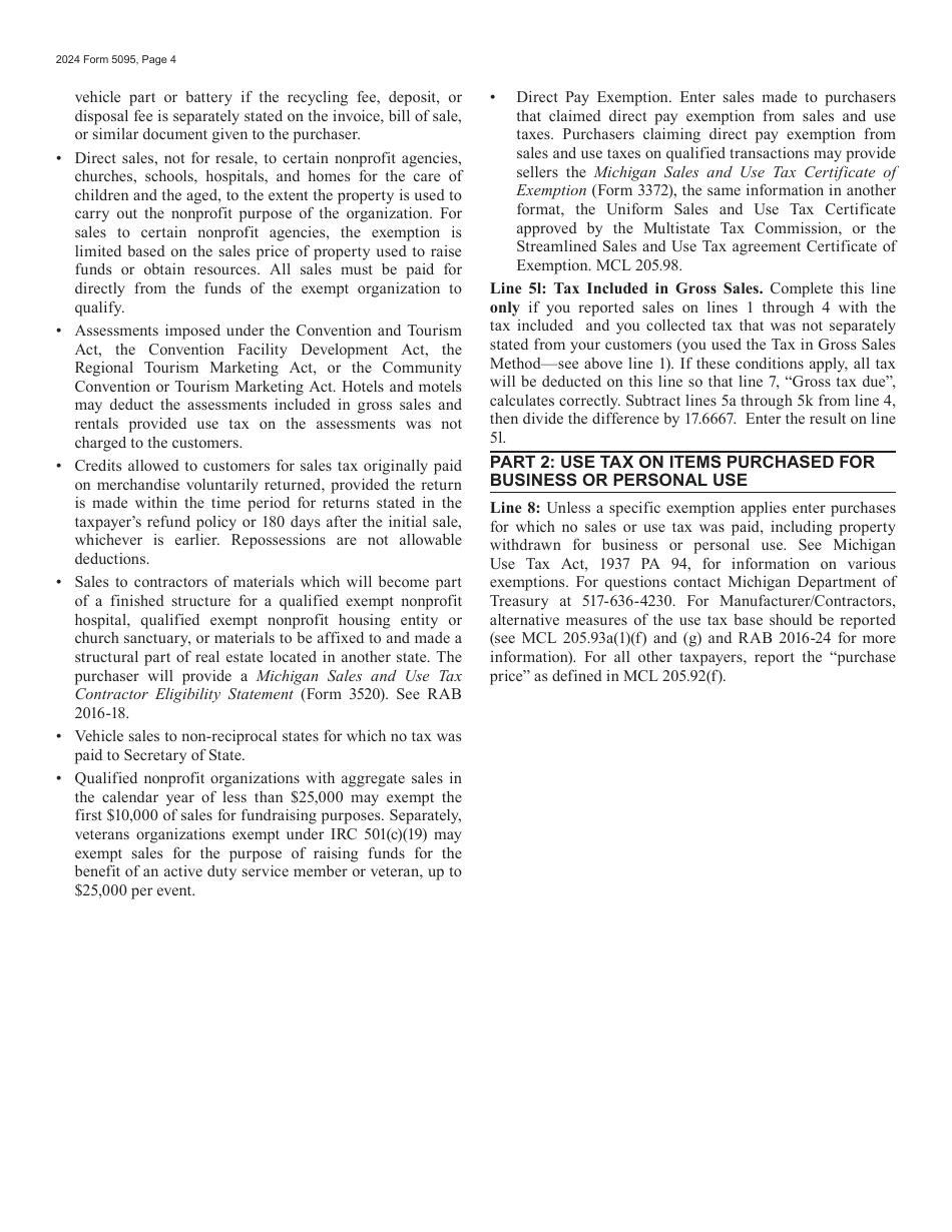 Form 5095 Sales, Use and Withholding Taxes Monthly / Quarterly and Amended Monthly / Quarterly Worksheet - Michigan, Page 4