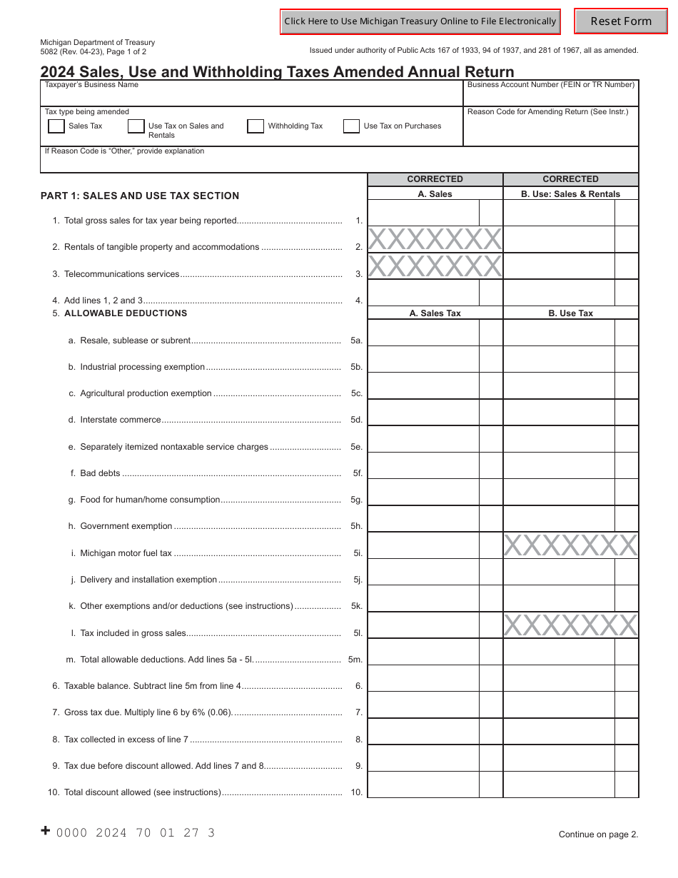 Form 5082 Sales, Use and Withholding Taxes Amended Annual Return - Michigan, Page 1