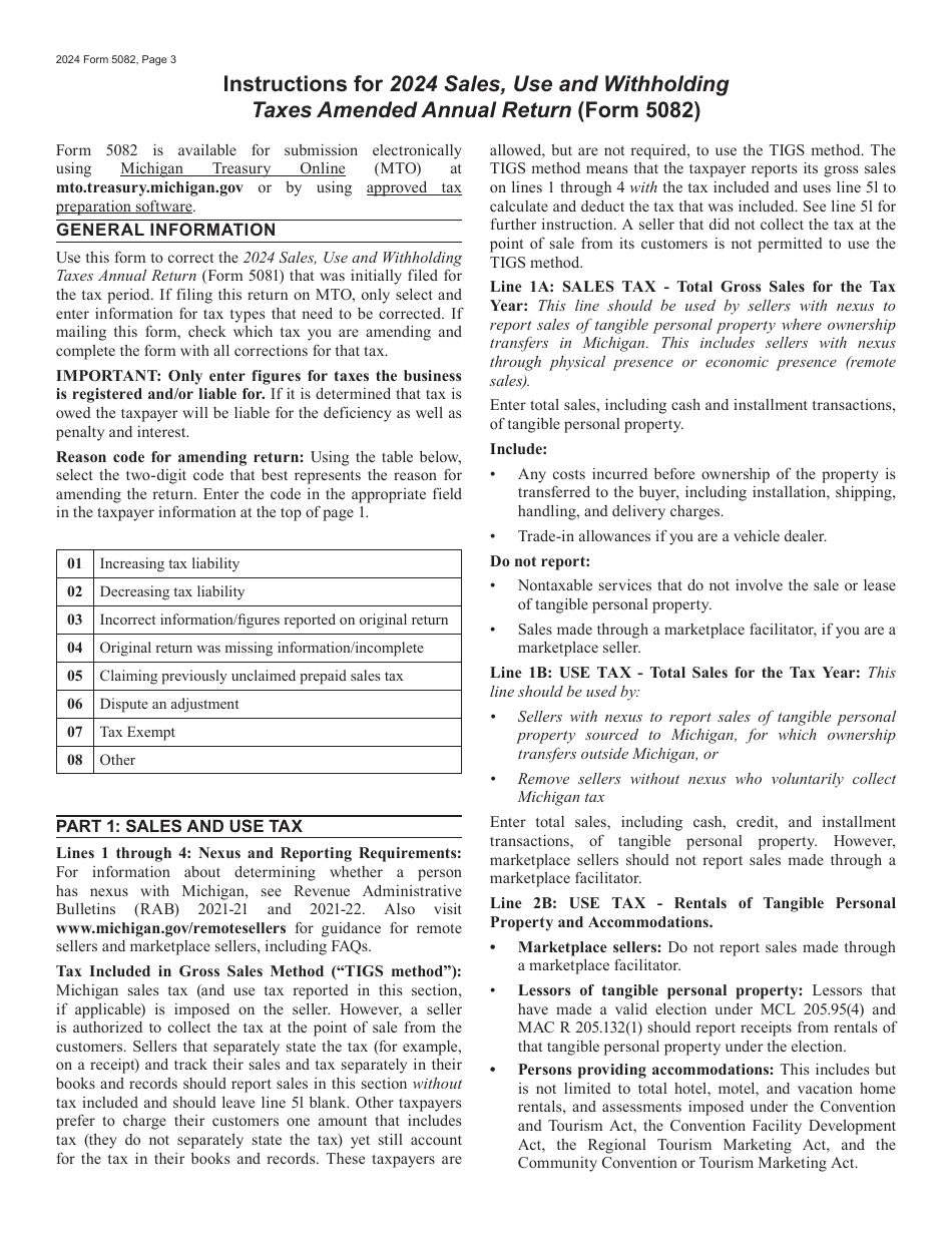 Form 5082 Sales, Use and Withholding Taxes Amended Annual Return - Michigan, Page 3