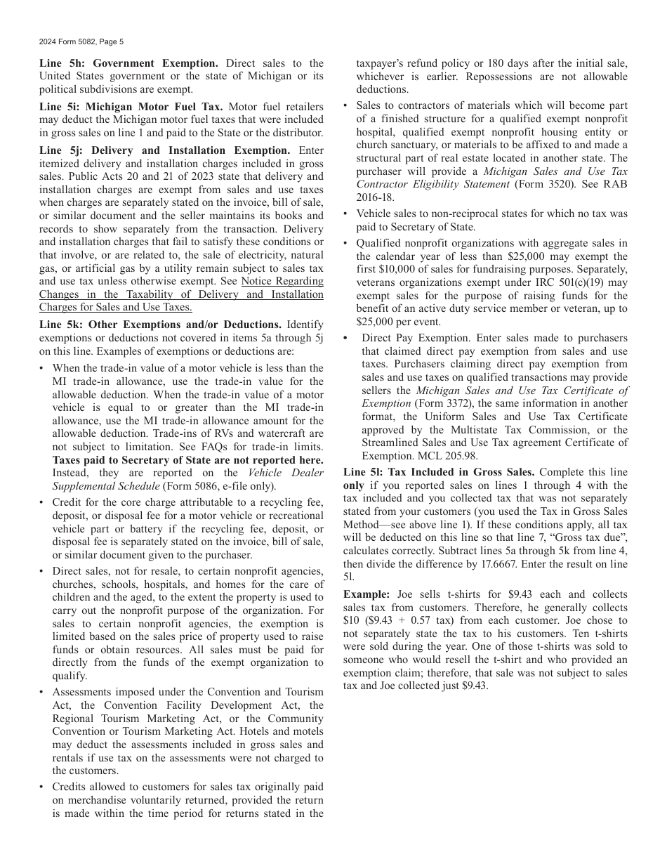 Form 5082 Sales, Use and Withholding Taxes Amended Annual Return - Michigan, Page 5