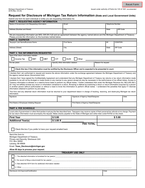 Form 2078 Request for Disclosure of Michigan Tax Return Information (State and Local Government Units) - Michigan