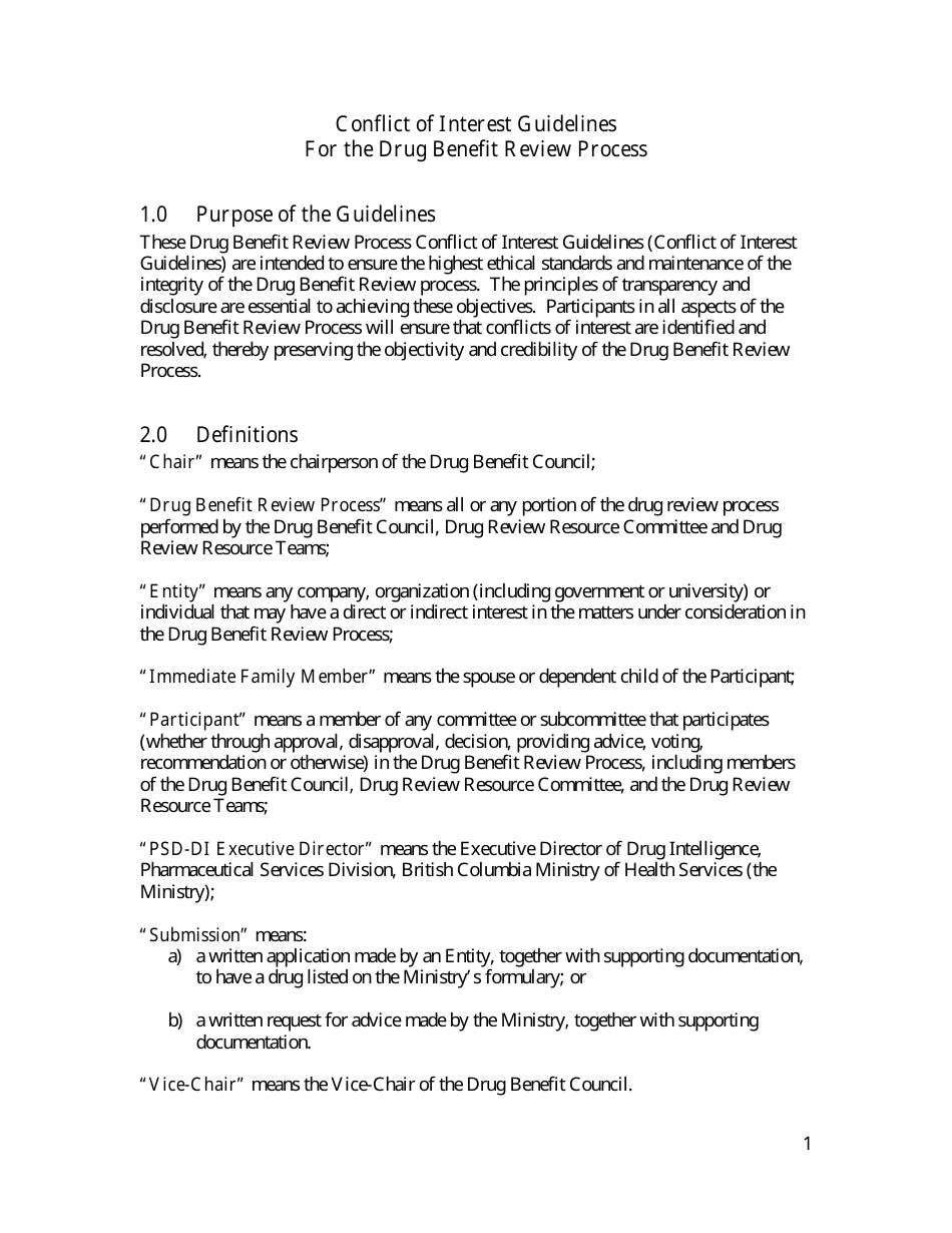 Conflict of Interest Guidelines for the Drug Benefit Review Process - British Columbia, Canada, Page 1
