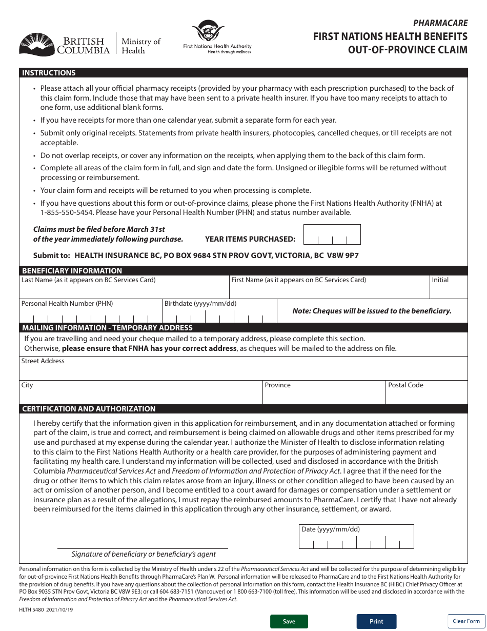Form HLTH5480 First Nations Health Benefits out-Of-Province Claim - British Columbia, Canada, Page 1