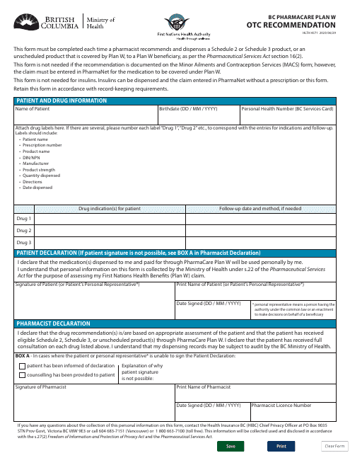 Form HLTH4571 Bc Pharmacare Plan W OTC Recommendation - British Columbia, Canada