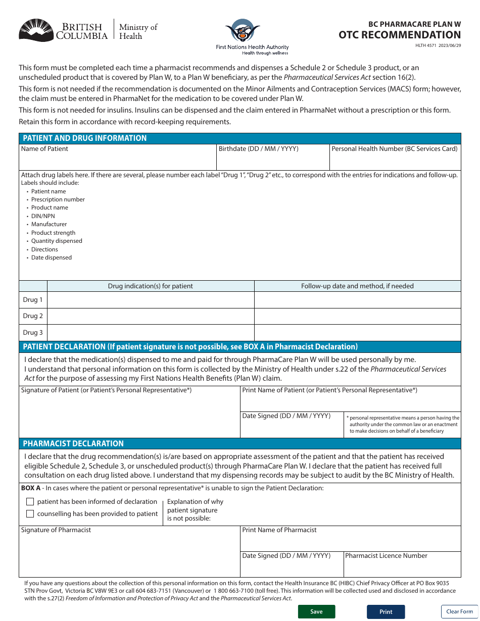 Form HLTH4571 Bc Pharmacare Plan W OTC Recommendation - British Columbia, Canada, Page 1