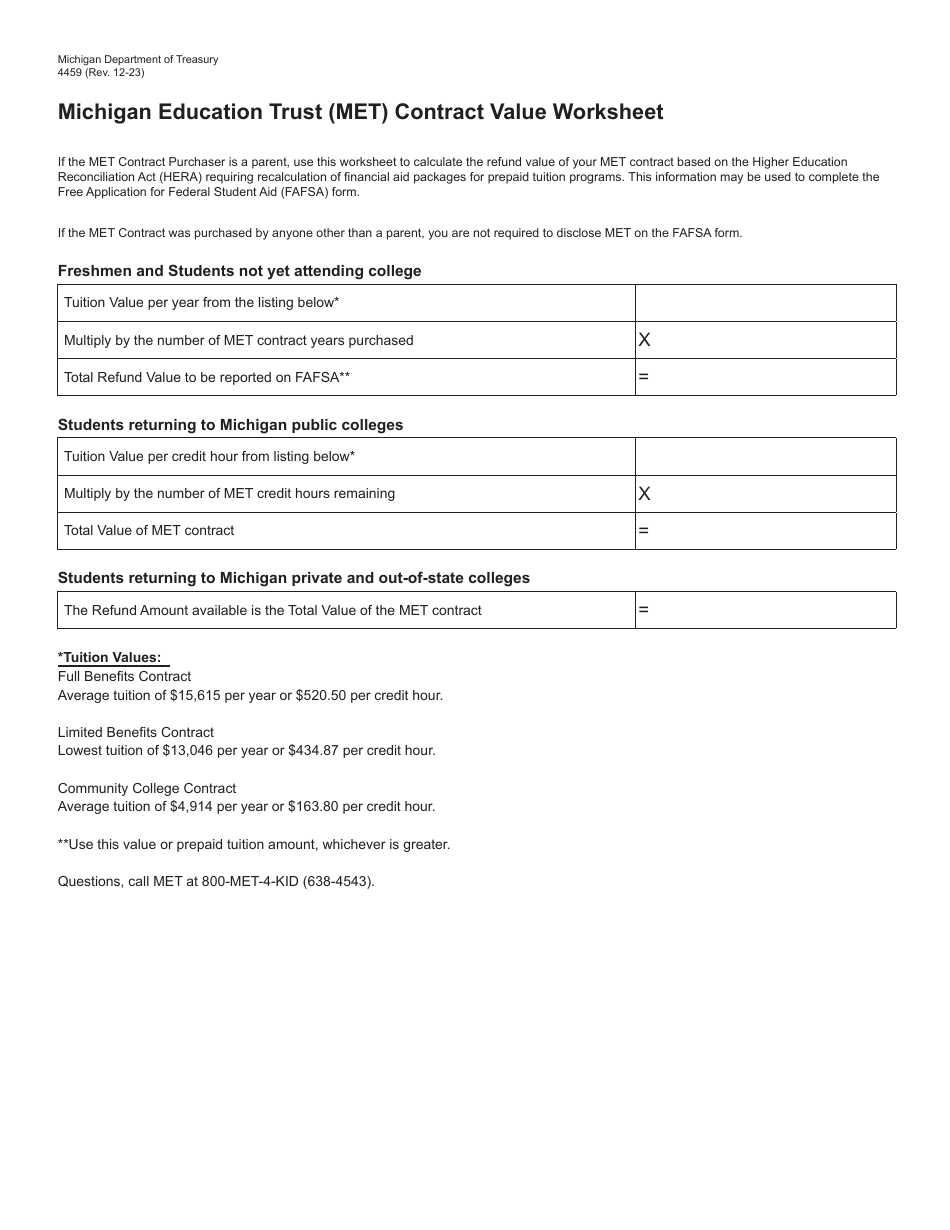 Form 4459 Michigan Education Trust (Met) Contract Value Worksheet - Michigan, Page 1