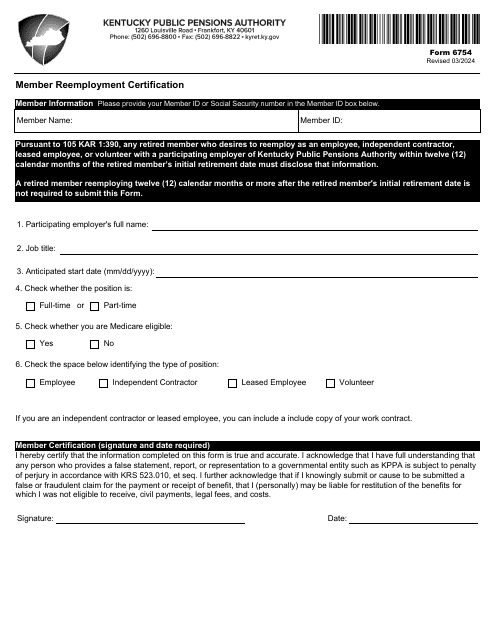 Form 6754 Member Reemployment Certification - Kentucky