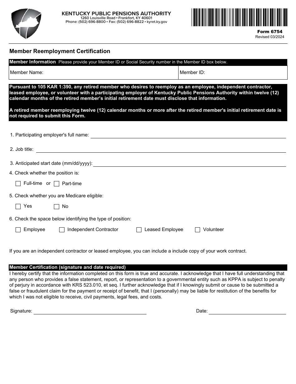 Form 6754 Member Reemployment Certification - Kentucky, Page 1