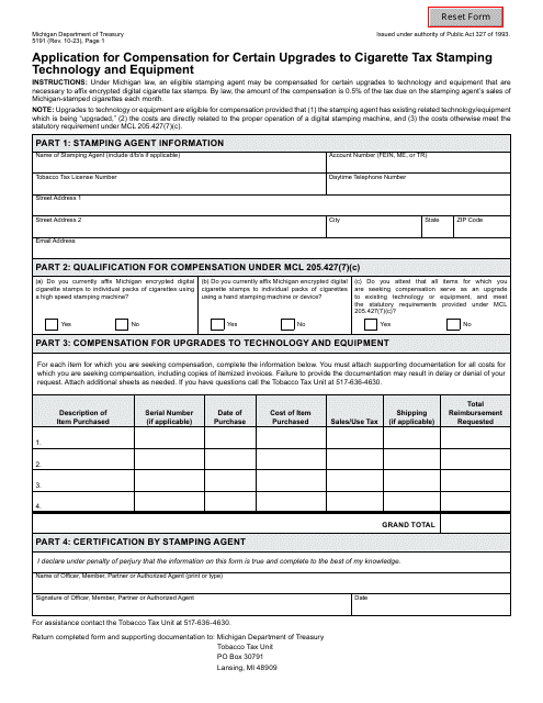 Form 5191 Application for Compensation for Certain Upgrades to Cigarette Tax Stamping Technology and Equipment - Michigan