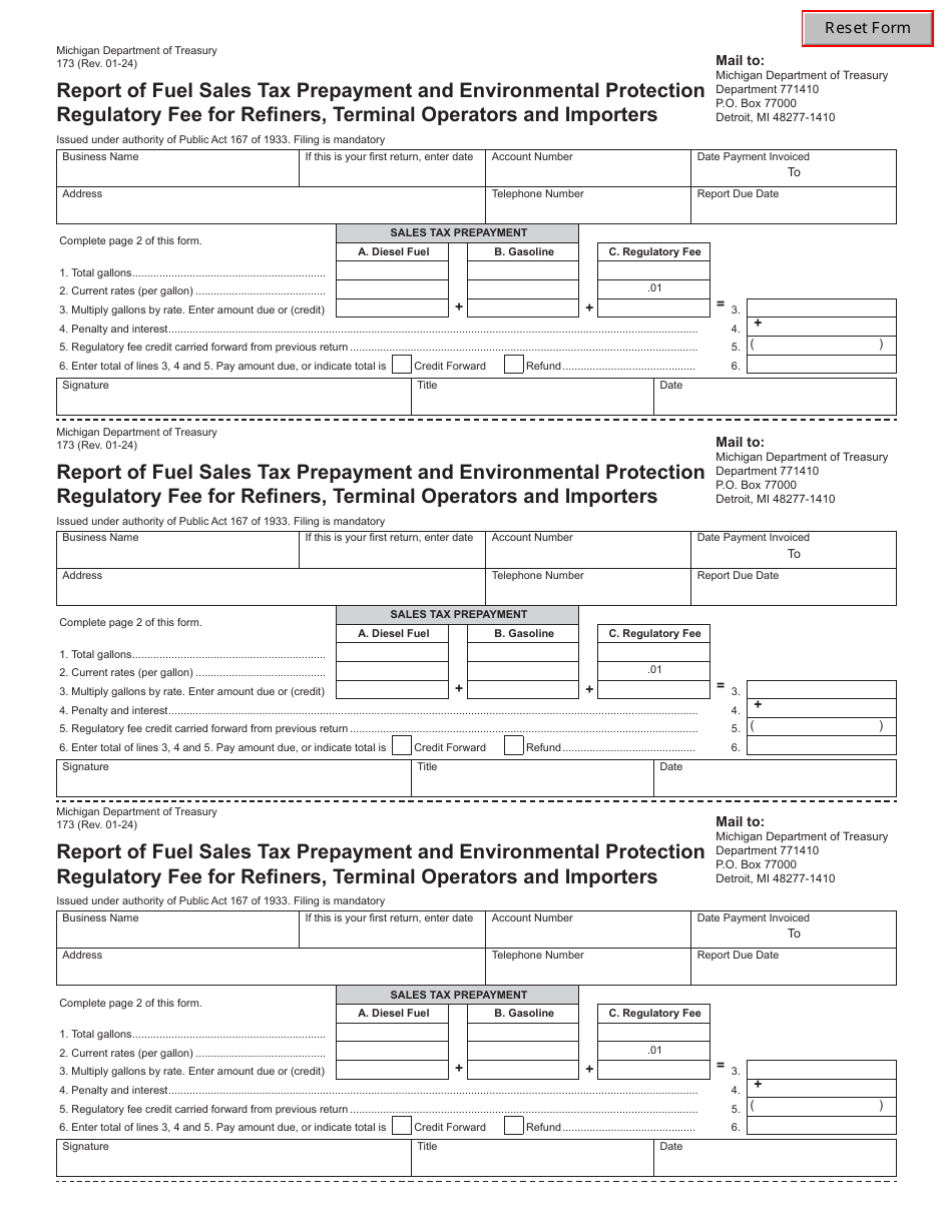 Form 173 Report of Fuel Sales Tax Prepayment and Environmental Protection Regulatory Fee for Refiners, Terminal Operators and Importers - Michigan, Page 2
