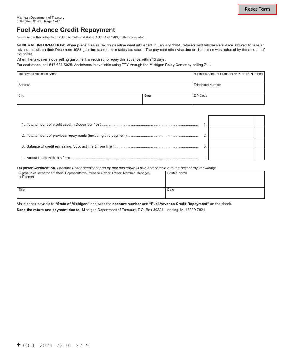Form 5084 Fuel Advance Credit Repayment - Michigan, Page 1