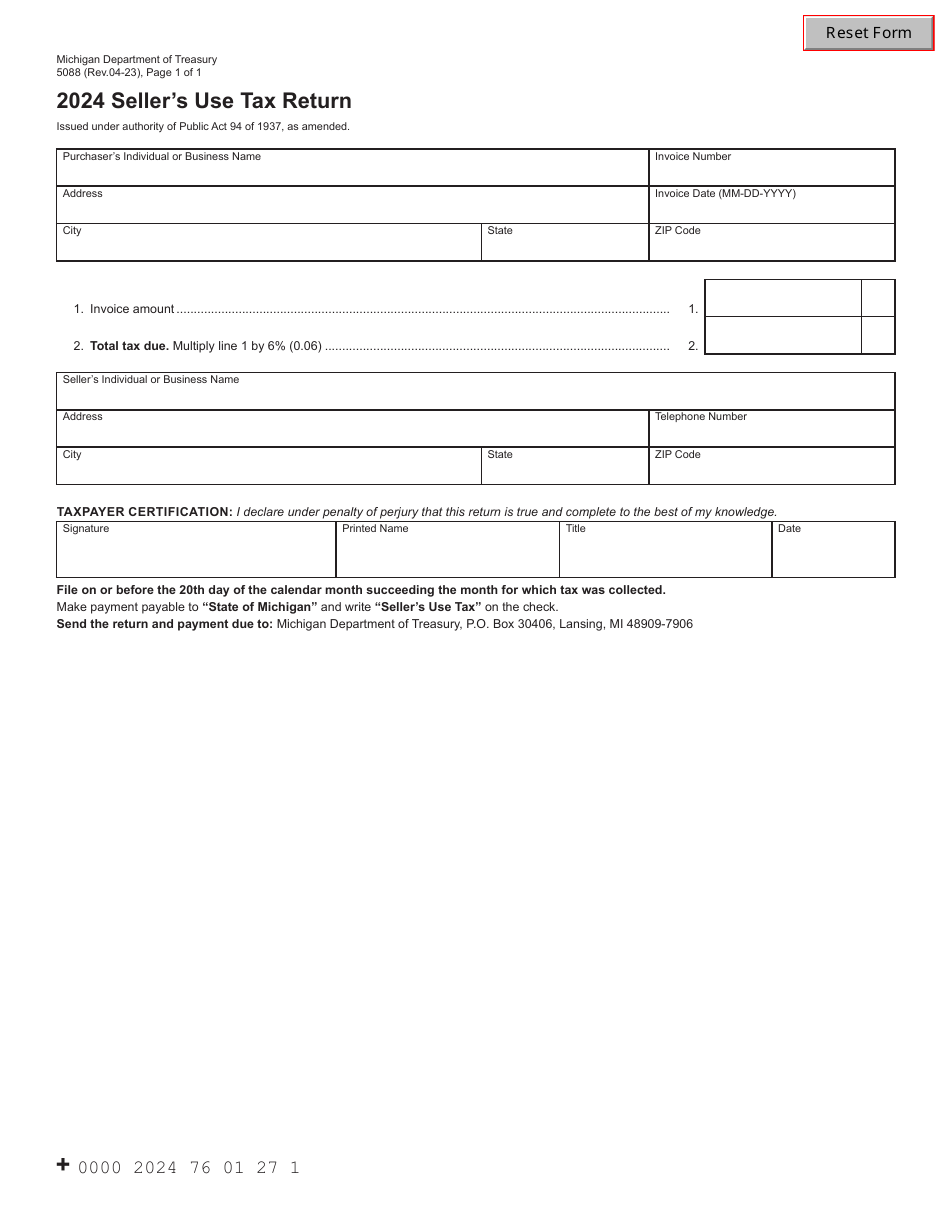 Form 5088 Sellers Use Tax Return - Michigan, Page 1