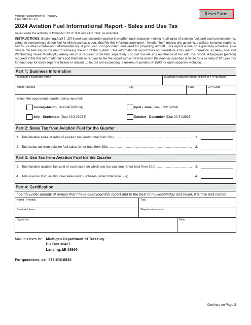 Form 5422 Aviation Fuel Informational Report - Sales and Use Tax - Michigan, 2024