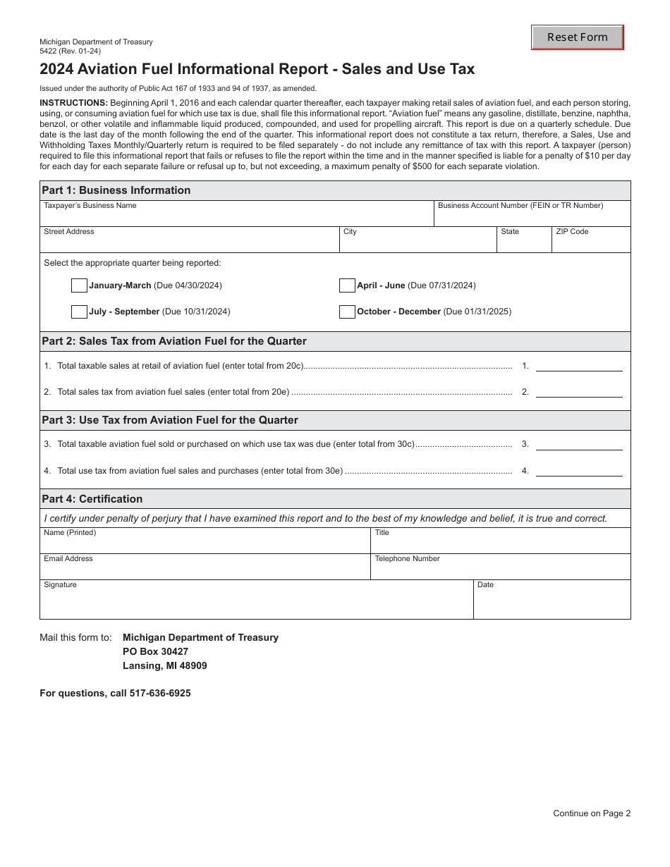 Form 5422 Aviation Fuel Informational Report - Sales and Use Tax - Michigan, Page 1