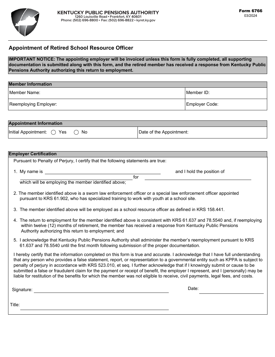 Form 6766 Appointment of Retired School Resource Officer - Kentucky, Page 1