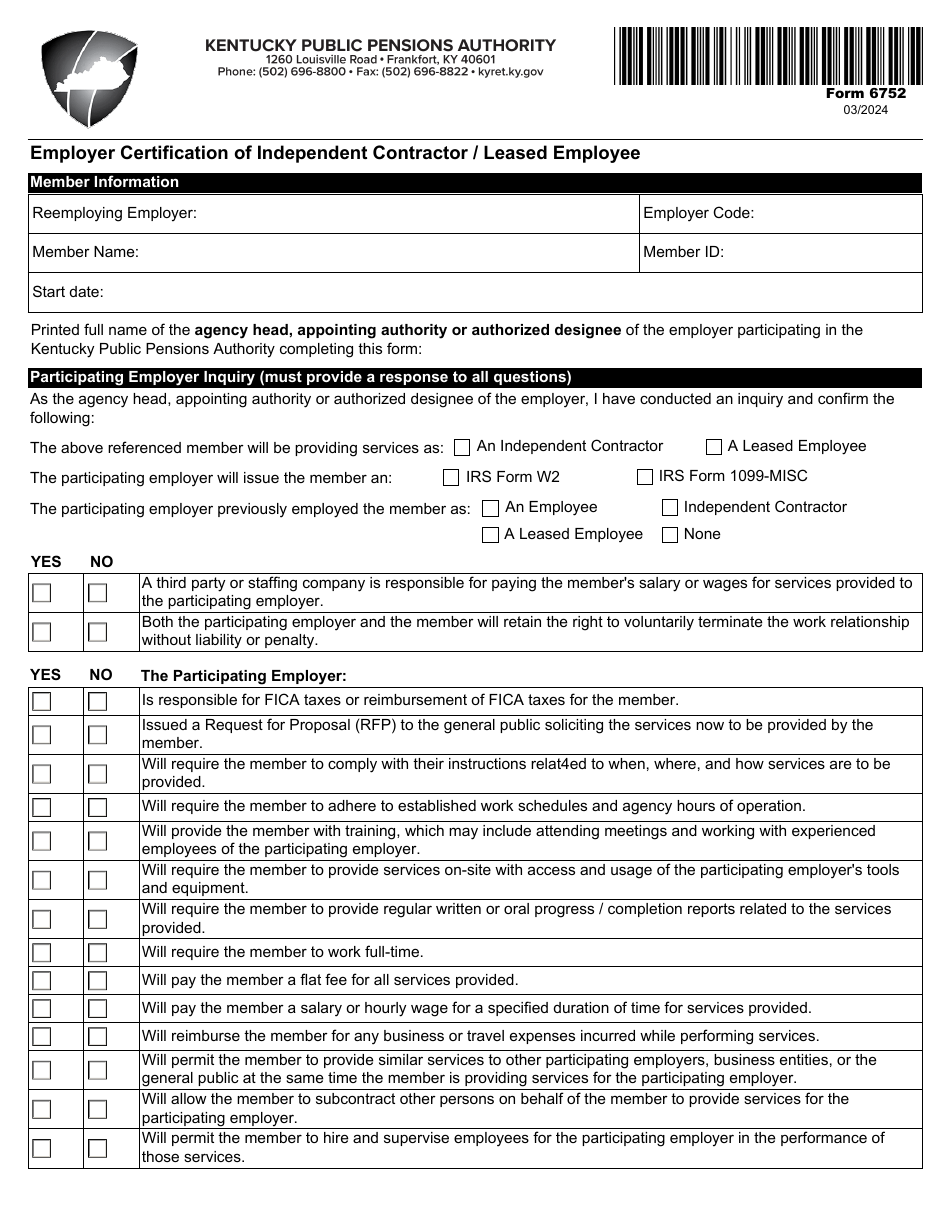 Form 6752 Employer Certification of Independent Contractor / Leased Employee - Kentucky, Page 1