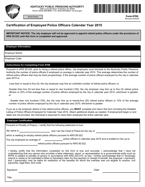 Form 6769 Certification of Employed Police Officers - Kentucky
