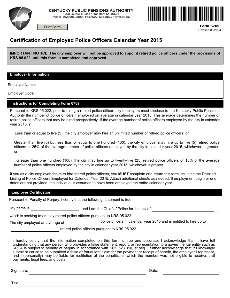 Form 6769 Certification of Employed Police Officers - Kentucky, Page 1