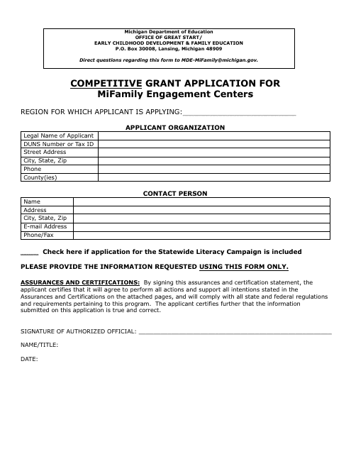 Competitive Grant Application for Mifamily Engagement Centers - Michigan Download Pdf