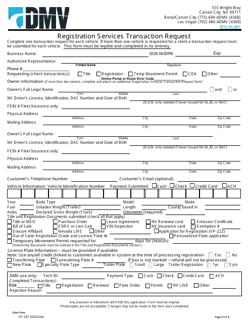 Form VP-247 Registration Services Transaction Request - Nevada