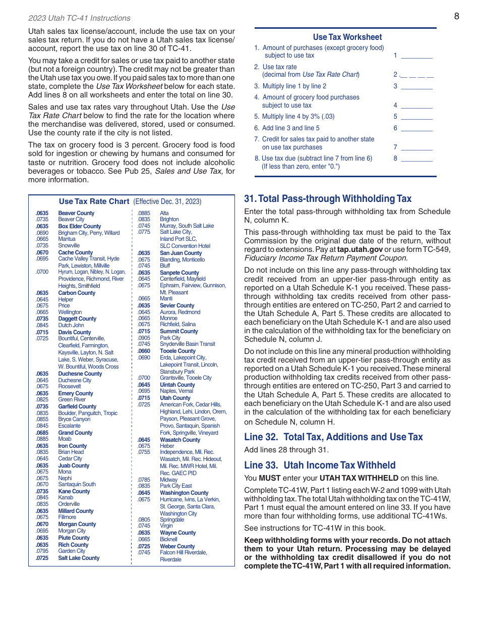 Instructions for Form TC-41 Utah Fiduciary Income Tax Return - Utah, Page 10