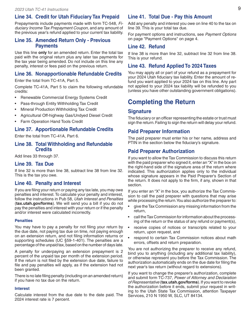 Instructions for Form TC-41 Utah Fiduciary Income Tax Return - Utah, Page 11