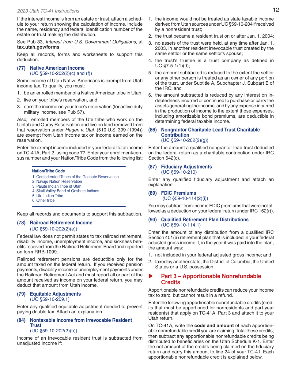 Instructions for Form TC-41 Utah Fiduciary Income Tax Return - Utah, Page 14