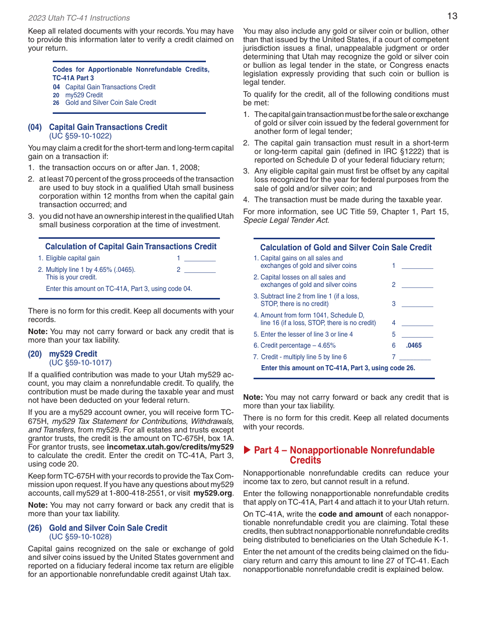 Instructions for Form TC-41 Utah Fiduciary Income Tax Return - Utah, Page 15