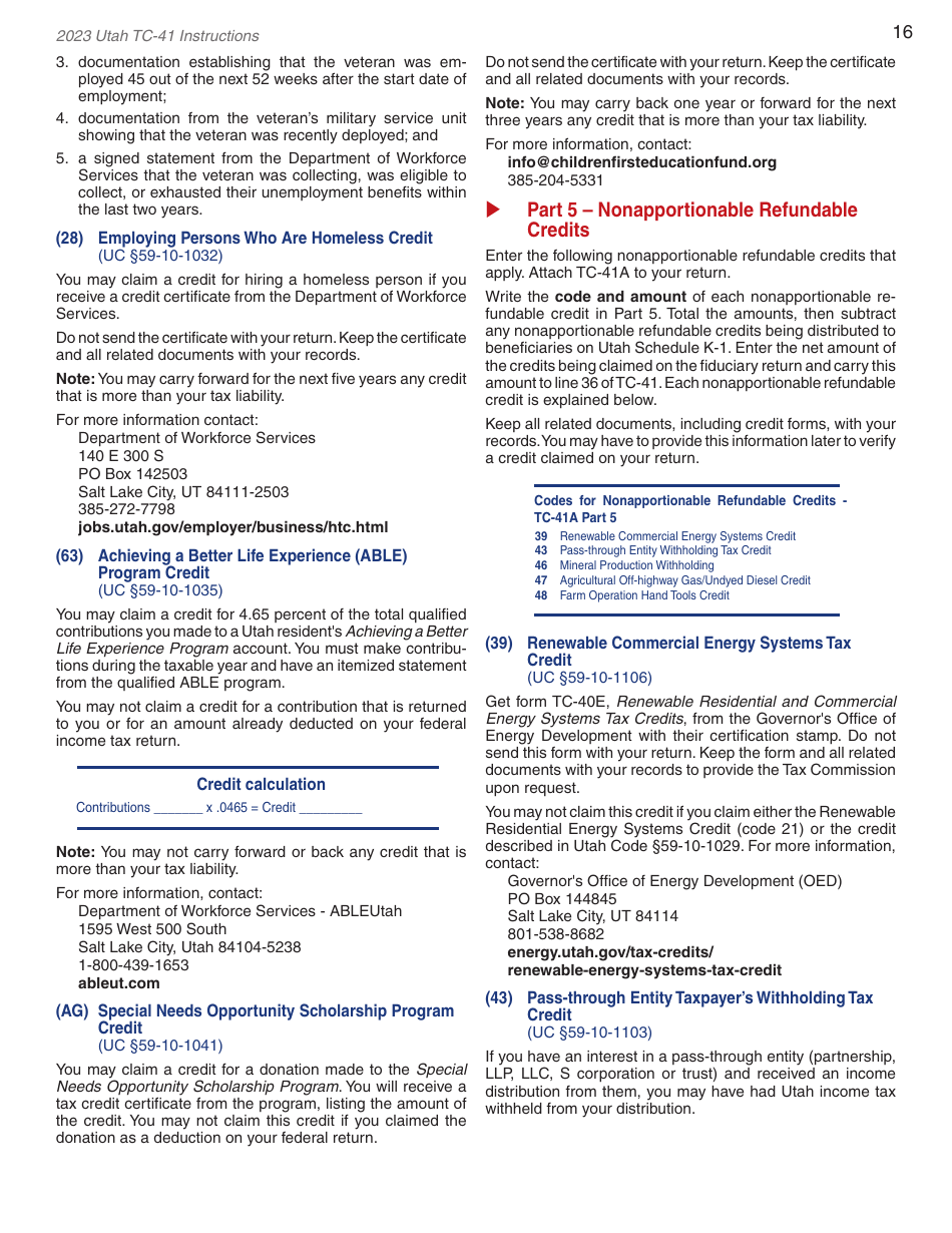 Instructions for Form TC-41 Utah Fiduciary Income Tax Return - Utah, Page 18