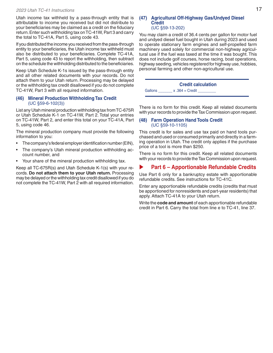 Instructions for Form TC-41 Utah Fiduciary Income Tax Return - Utah, Page 19