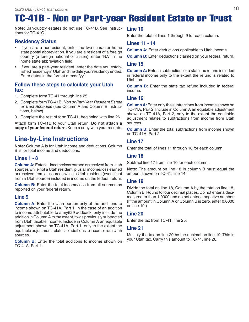 Instructions for Form TC-41 Utah Fiduciary Income Tax Return - Utah, Page 20
