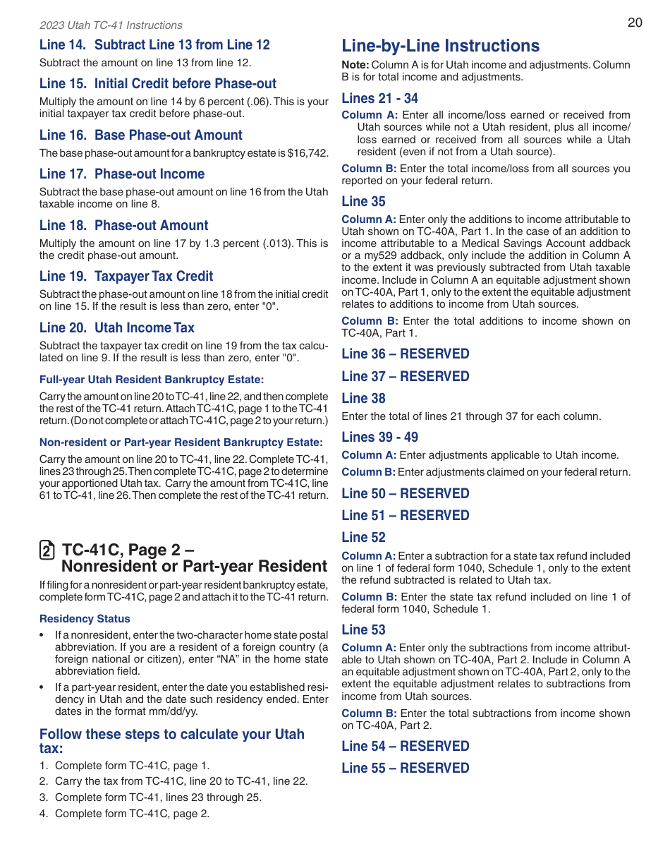 Instructions for Form TC-41 Utah Fiduciary Income Tax Return - Utah, Page 22