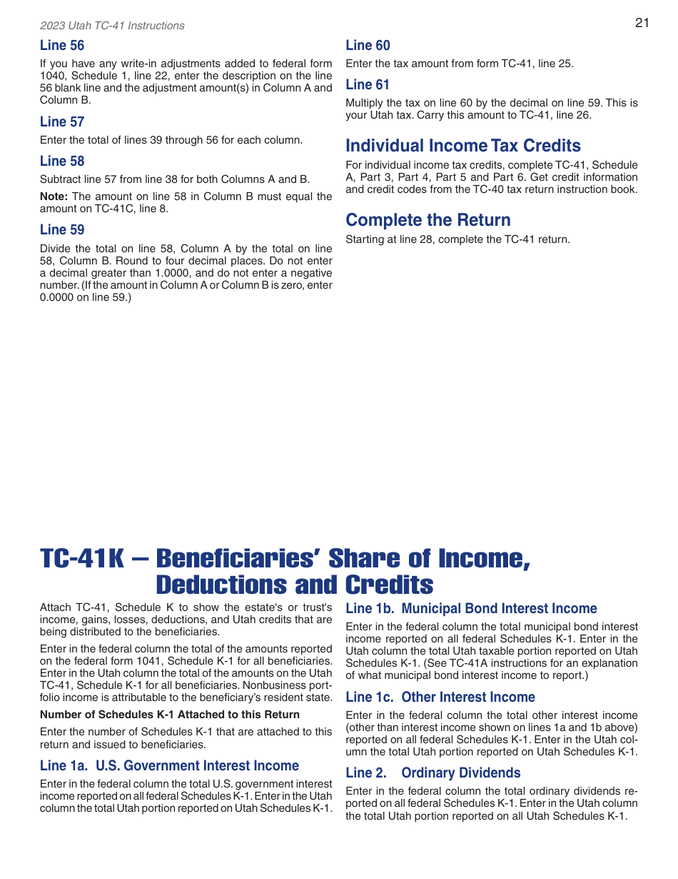 Instructions for Form TC-41 Utah Fiduciary Income Tax Return - Utah, Page 23