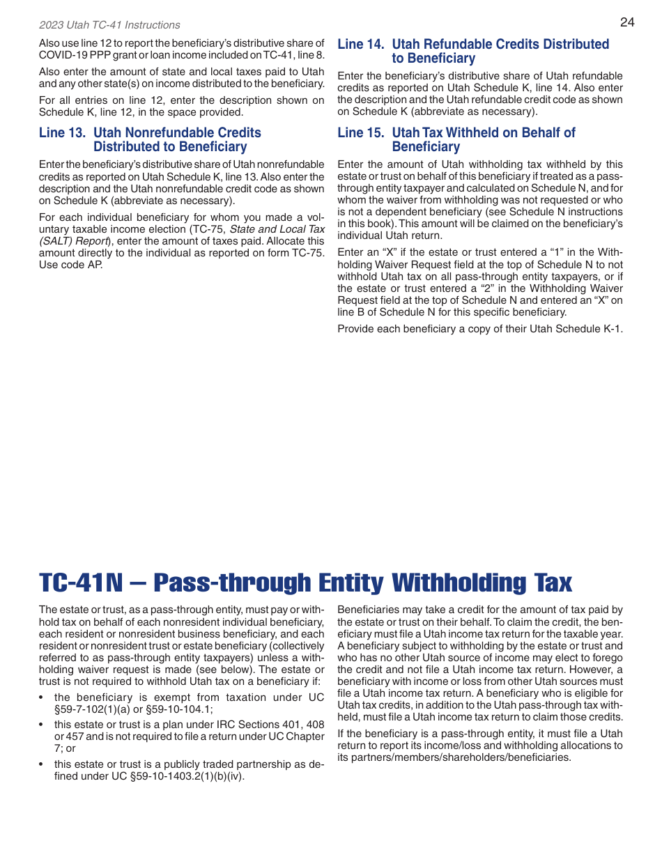 Instructions for Form TC-41 Utah Fiduciary Income Tax Return - Utah, Page 26