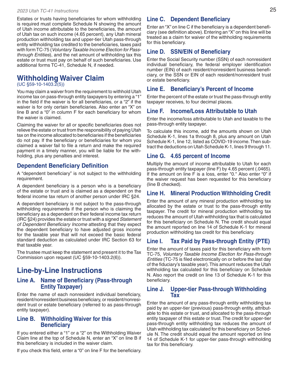 Instructions for Form TC-41 Utah Fiduciary Income Tax Return - Utah, Page 27