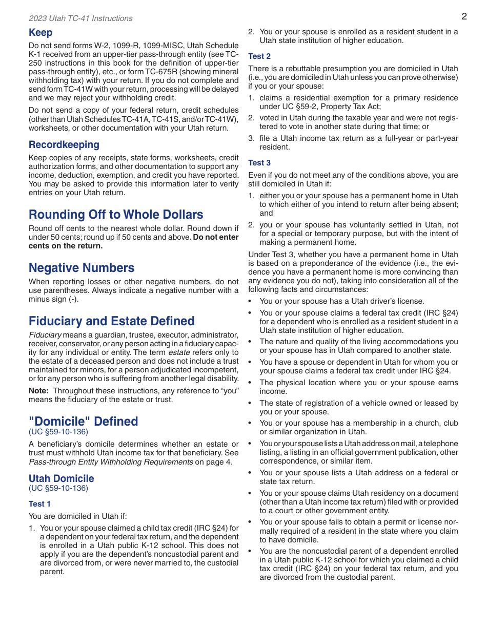 Instructions for Form TC-41 Utah Fiduciary Income Tax Return - Utah, Page 4
