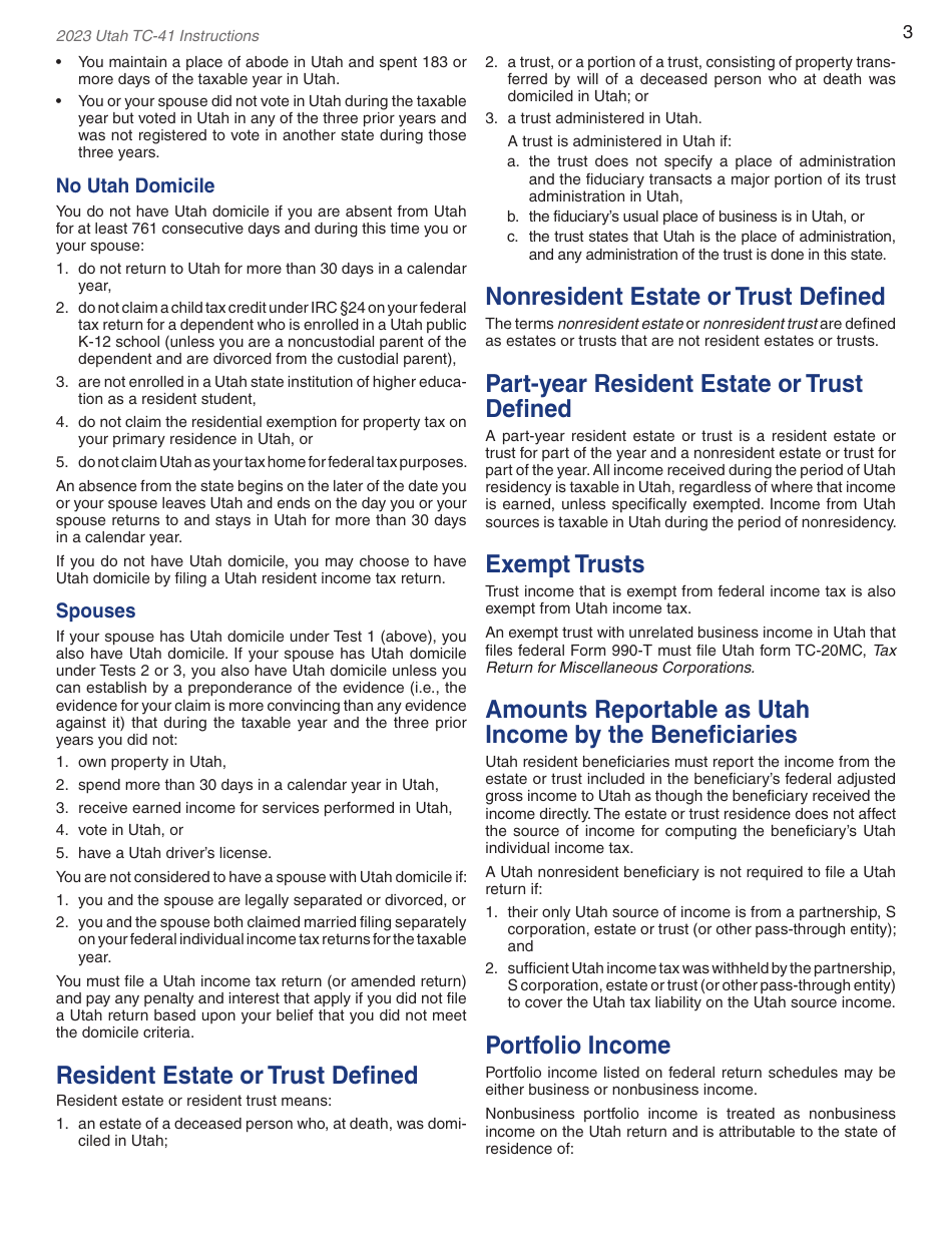 Instructions for Form TC-41 Utah Fiduciary Income Tax Return - Utah, Page 5