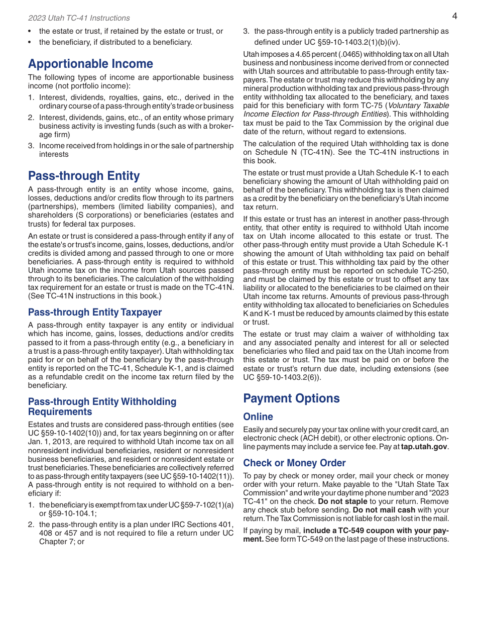 Instructions for Form TC-41 Utah Fiduciary Income Tax Return - Utah, Page 6