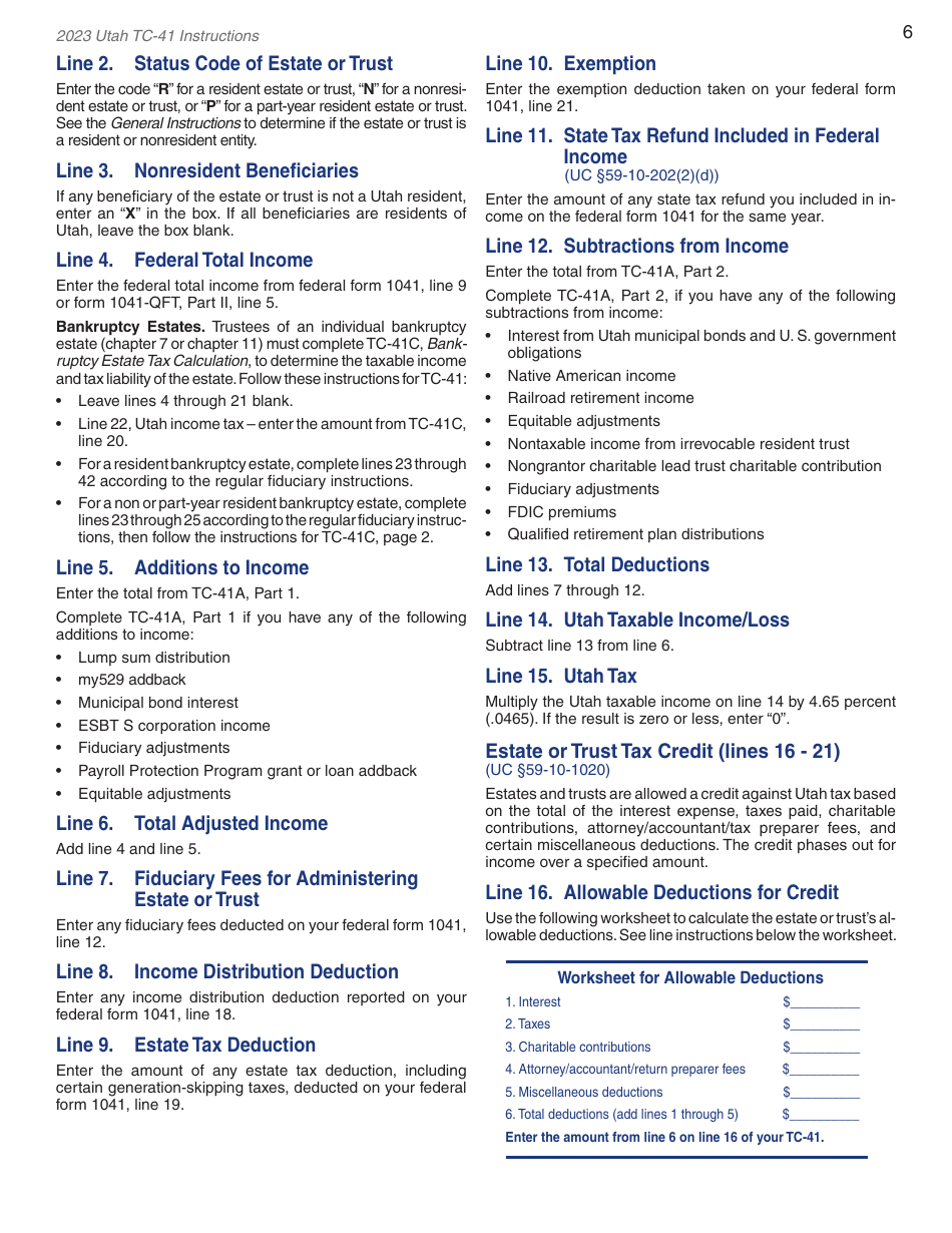 Instructions for Form TC-41 Utah Fiduciary Income Tax Return - Utah, Page 8